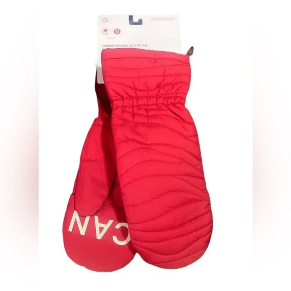 NWT Lululemon red Team Canada Quilted winter Mittens on String COC Logo L/XL - Picture 2 of 3